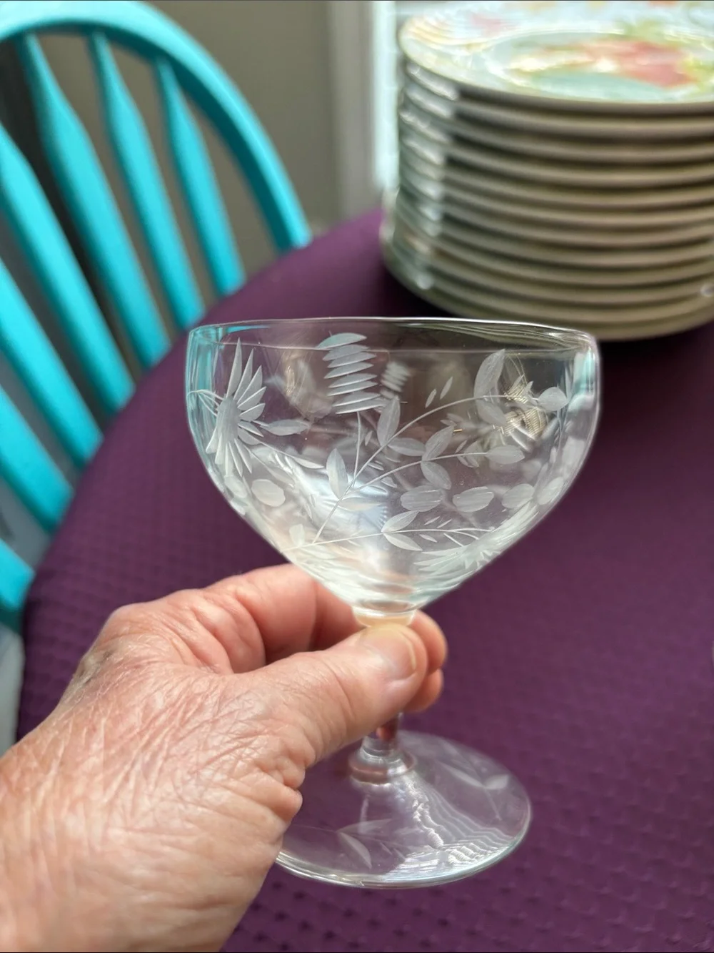 11 Elegant Vintage Etched Crystal or Glass Champagne Coupes/Sherbet dishes